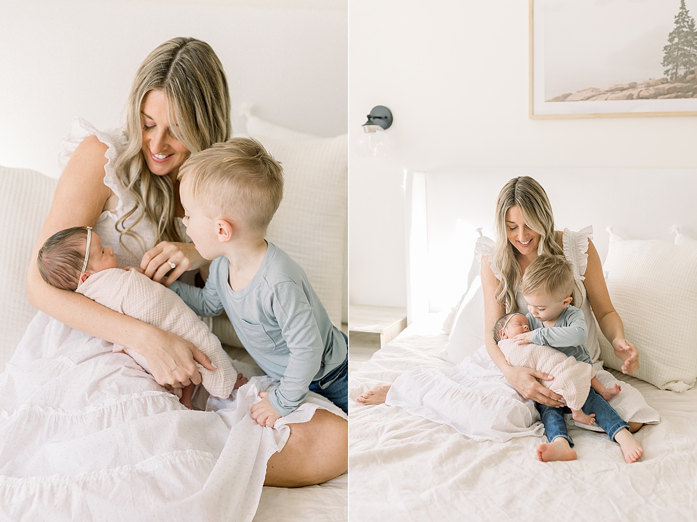 Mom holding her toddler boy and newborn baby girl | Newborn Photos with Toddler with Caitlyn Motycka Photography