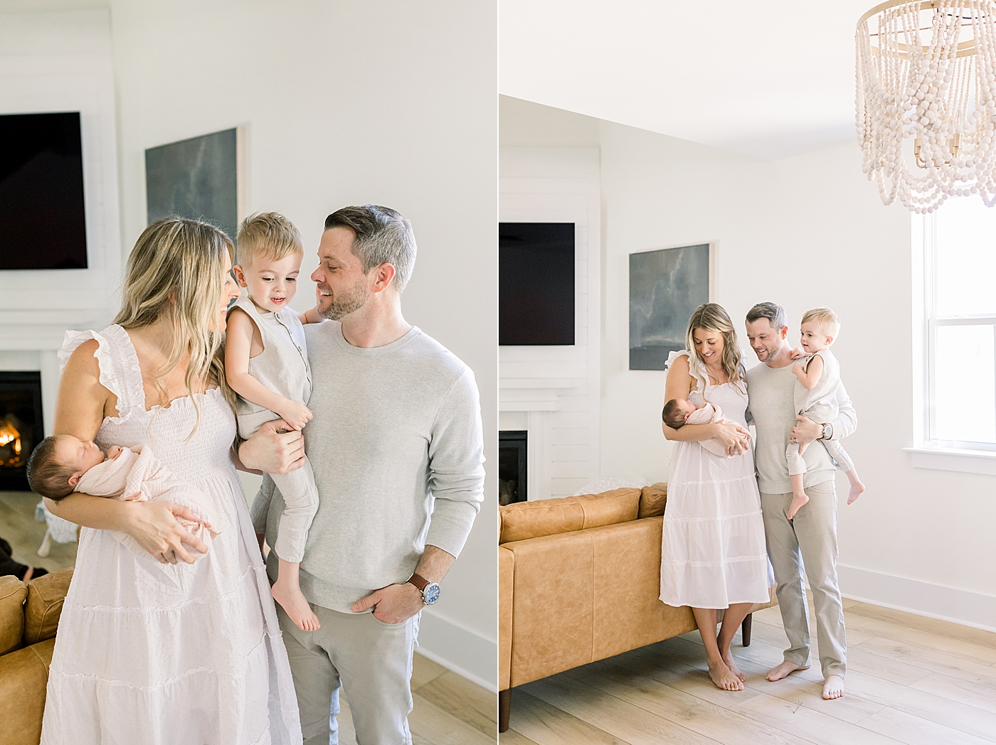 Mom and dad holding their toddler and newborn in their living room | Newborn Photos with Toddler with Caitlyn Motycka Photography