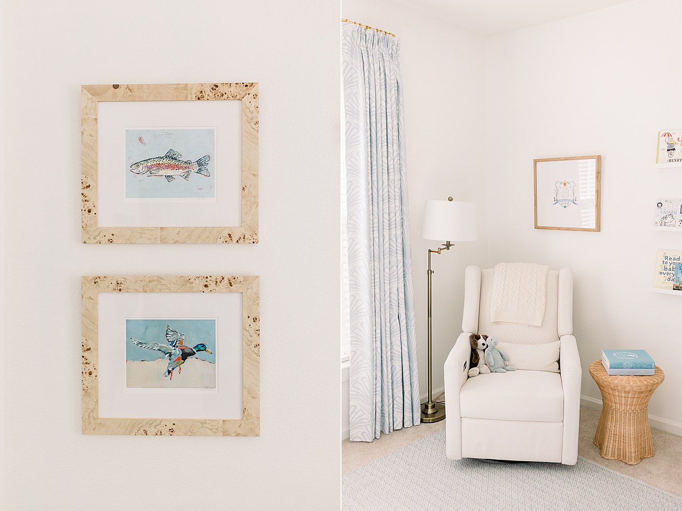 Double image of baby room details. One image of artwork and the other of a white rocking chair in the corner with a table and lamp | Image by Caitlyn Motycka Photography