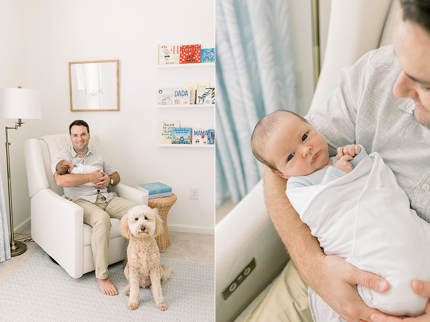 Double image of a dad holding a newborn while sitting in a corner rocking chair with the family dog at his feet during baby boy newborn session | Image by Caitlyn Motycka Photography