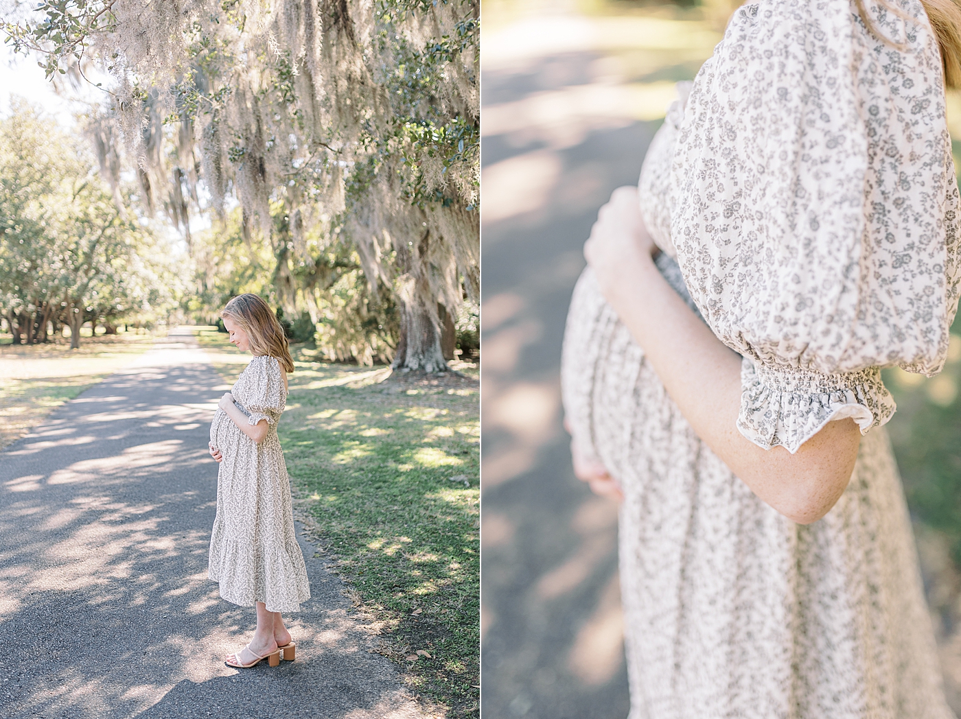 Side-by-side images of details of woman in a spring dress holding her pregnant belly on an oak tree-lined walkway | Image by Caitlyn Motycka Photography
