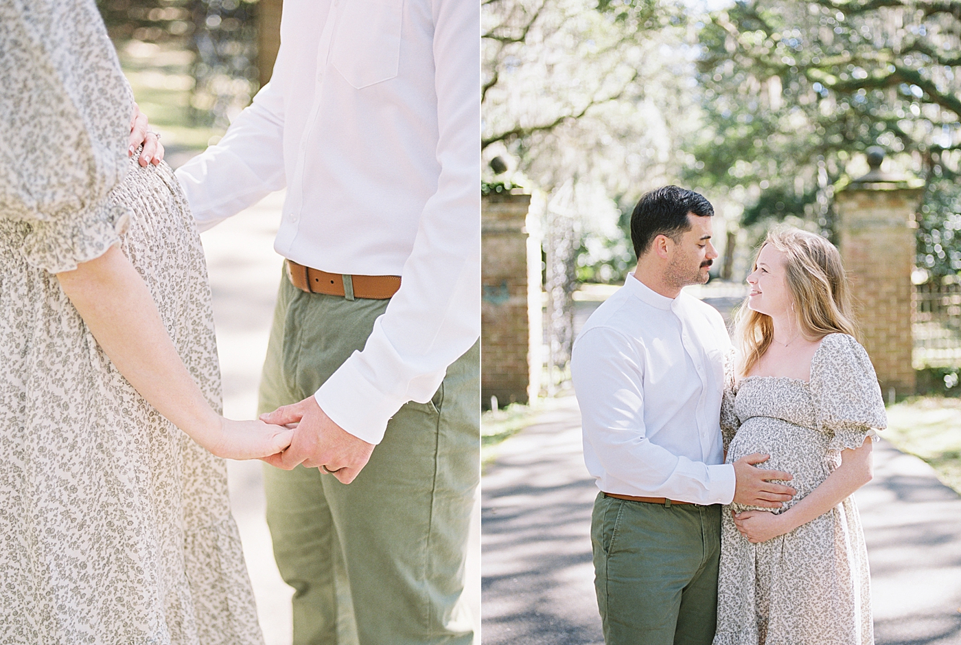 Side-by-side images of details of husband woman in a spring dress holding her hands and pregnant belly on an oak tree-lined walkway | Image by Caitlyn Motycka Photography