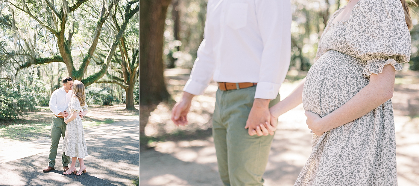 Side-by-side images of details of husband and wife in a spring dress holding her pregnant belly, kissing, and walking on an oak tree-lined walkway | Image by Caitlyn Motycka Photography