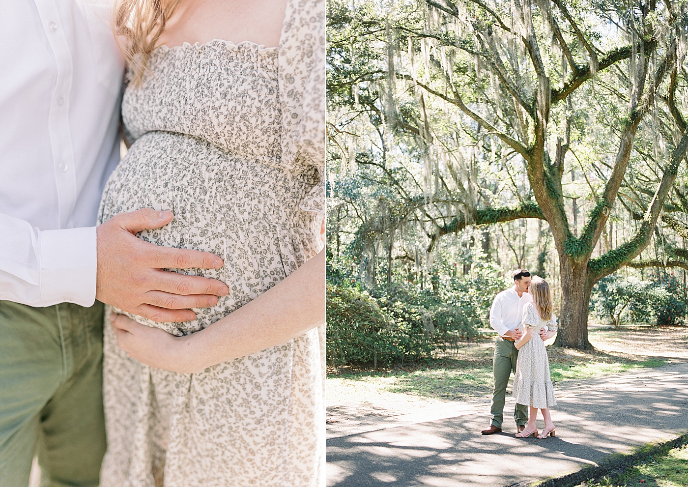 Side-by-side images of details of husband and wife in a spring dress holding her pregnant belly, kissing, and walking on an oak tree-lined walkway during their Maternity Session at Charlestowne Landing| Image by Caitlyn Motycka Photography