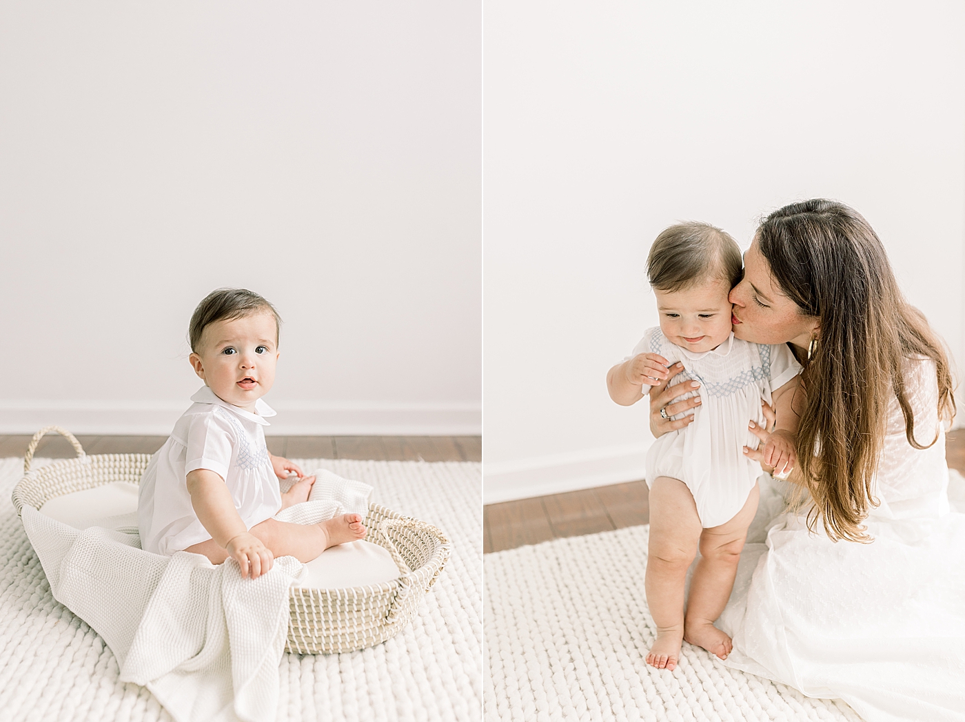 Side-by-side images of a baby sitting up in a shallow basket on a white rug in a white room and mother kneeling, kissing and holding baby during Studio Milestone Session | Images by Caitlyn Motycka