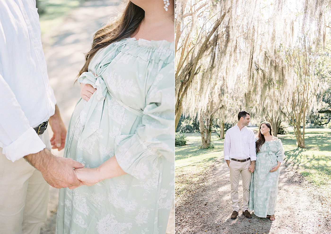 Side-by-side images of expecting mother and husband in a green off-the-shoulder spring dress walking and looking at each other smiling, holding her pregnant belly on a tree-lined path | Image by Caitlyn Motycka 