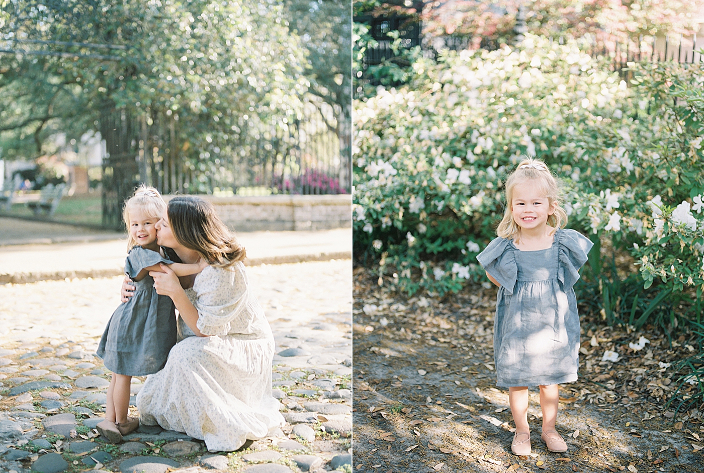 Side-by-side image of an expecting mother kneeling down beside her daughter on a cobblestone street and  another image of a to-be big sister | Image by Caitlyn Motycka