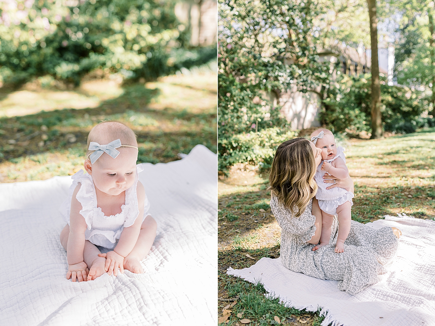 Side by side images of a baby on a blanket and of a mother in a spring dress holding her baby | Image by Caitlyn Motycka