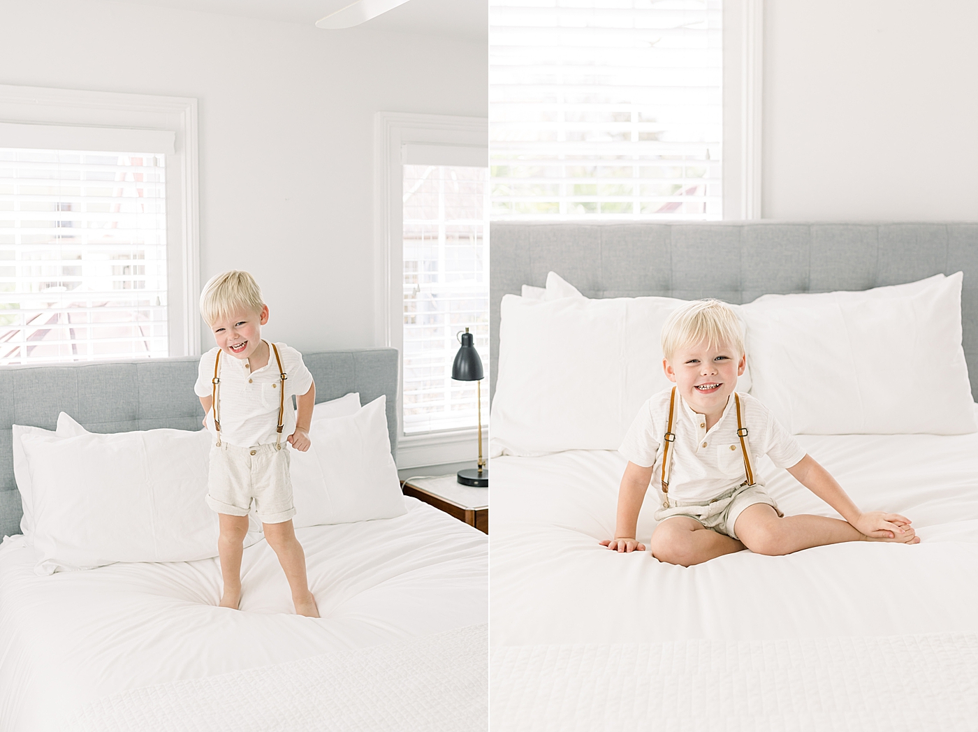 Side by side images of little boy laughing and jumping on a white bed in a softly lit white room | Image by Caitlyn Motycka 