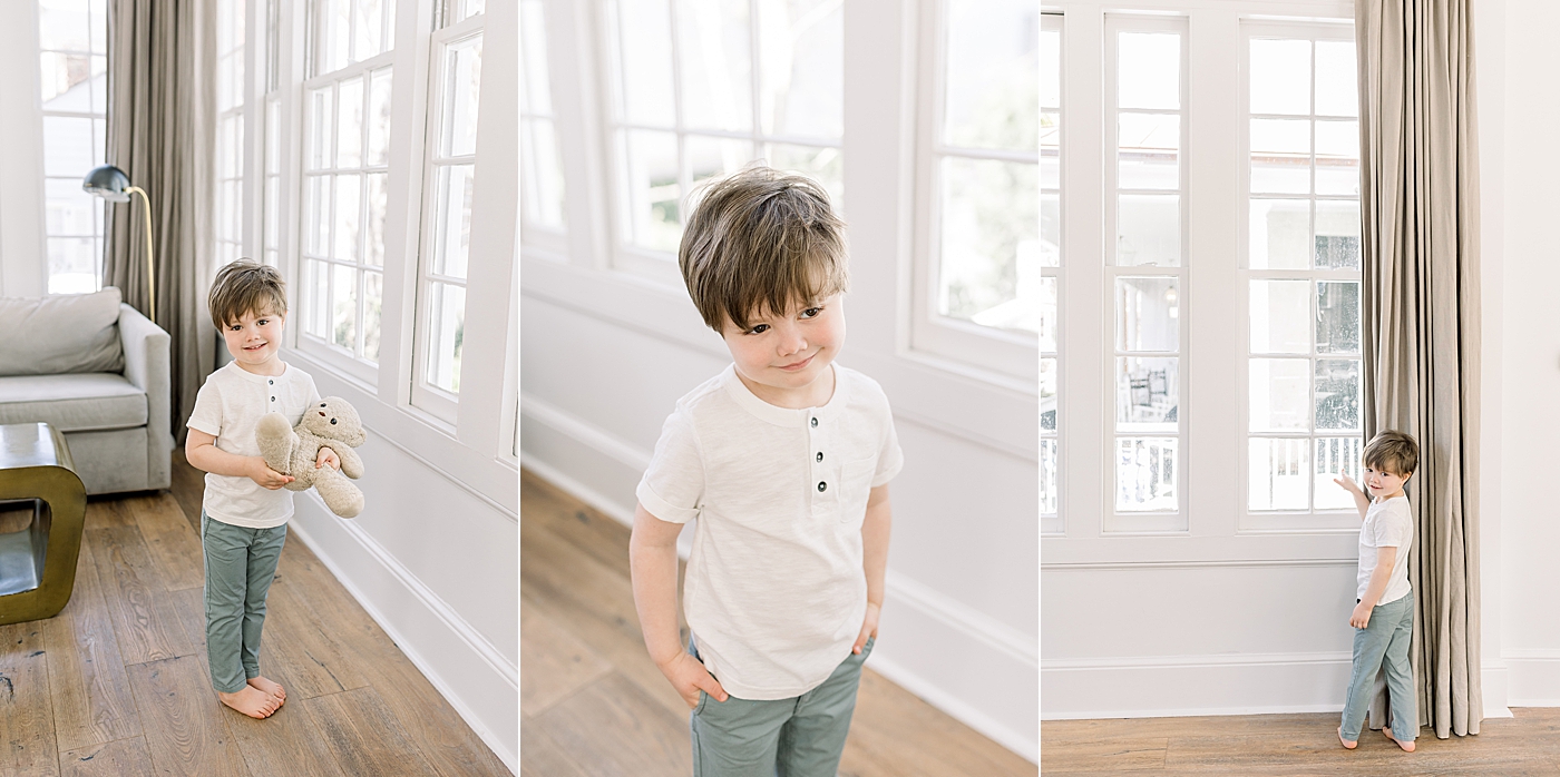 Three images, side-by-side of a little boy, barefoot in a white shirt and green pants | Image by Caitlyn Motycka 