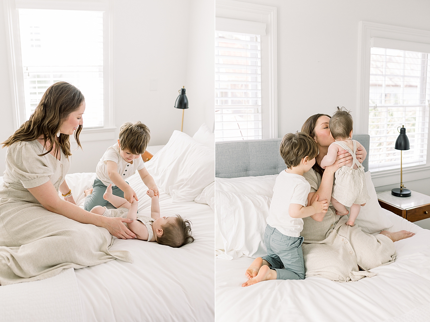 Side by side images of a mother and her two children playing on a clean, white bed | Image by Caitlyn Motycka 