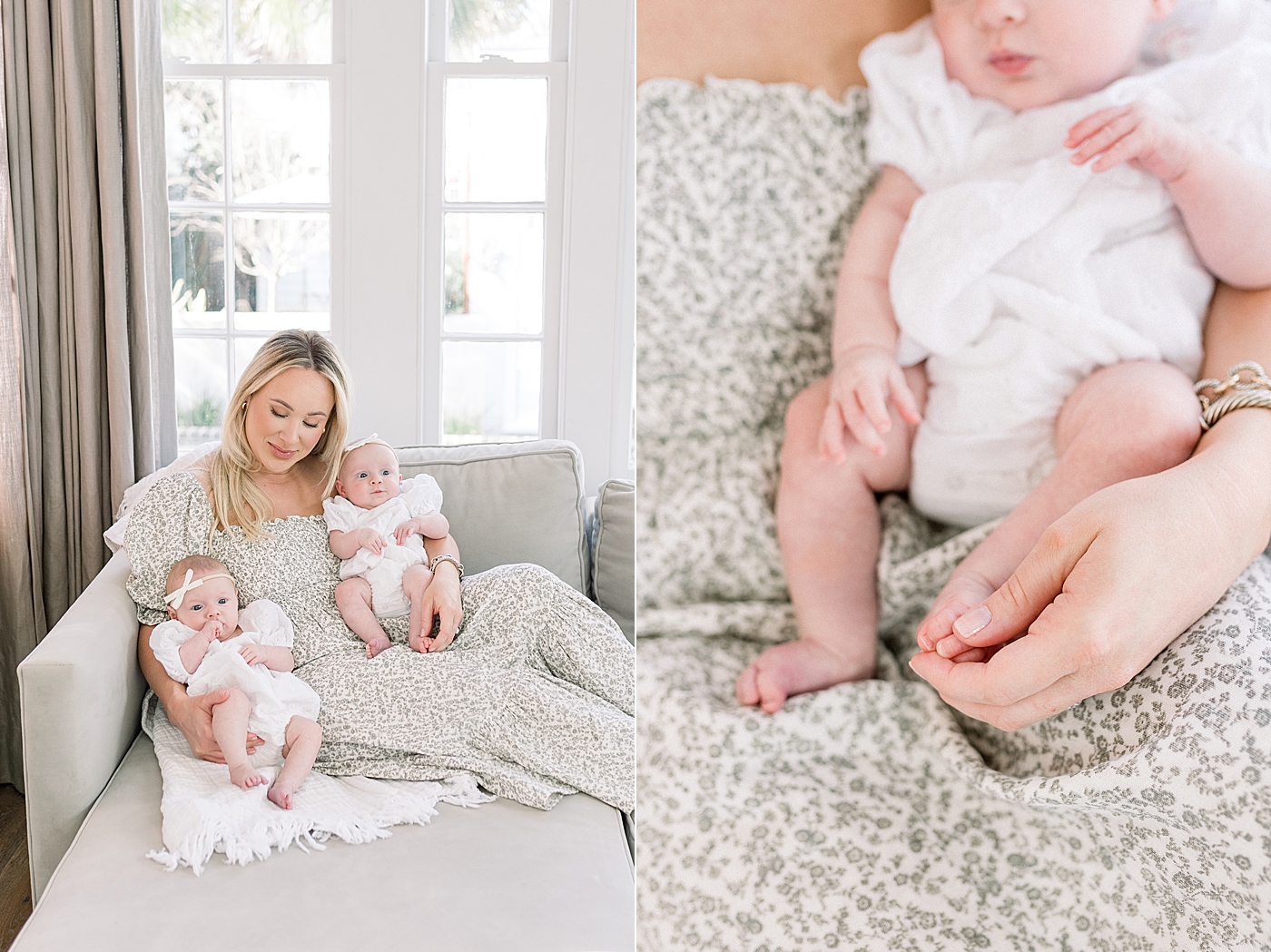 Side by side images of a mother holding her twins on a sofa in a soft, neutral room and a detail of the mother holding a baby's foot | Image by Caitlyn Motycka 
